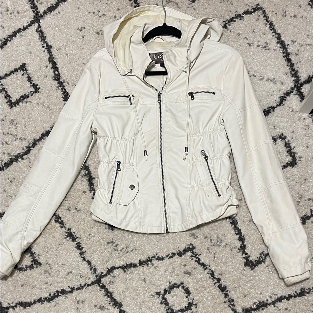 Women's White Leather Jacket with Hood